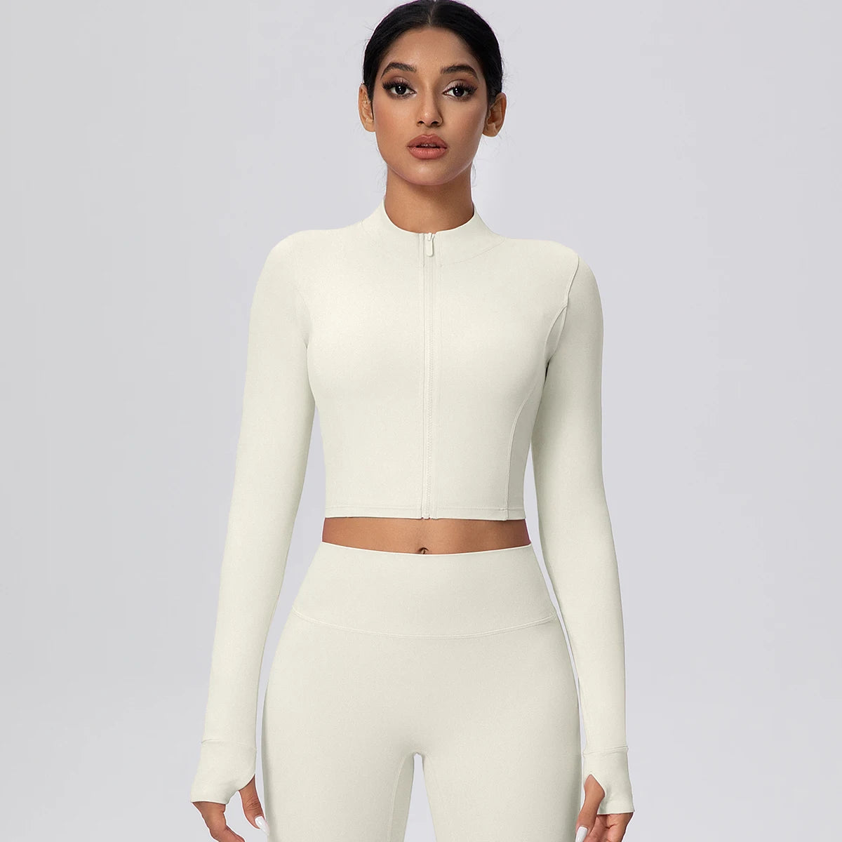 Damen-Langarm-Top mit Reißverschluss und Daumenlöchern, hellbeige