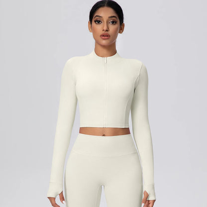 Damen-Langarm-Top mit Reißverschluss und Daumenlöchern, hellbeige