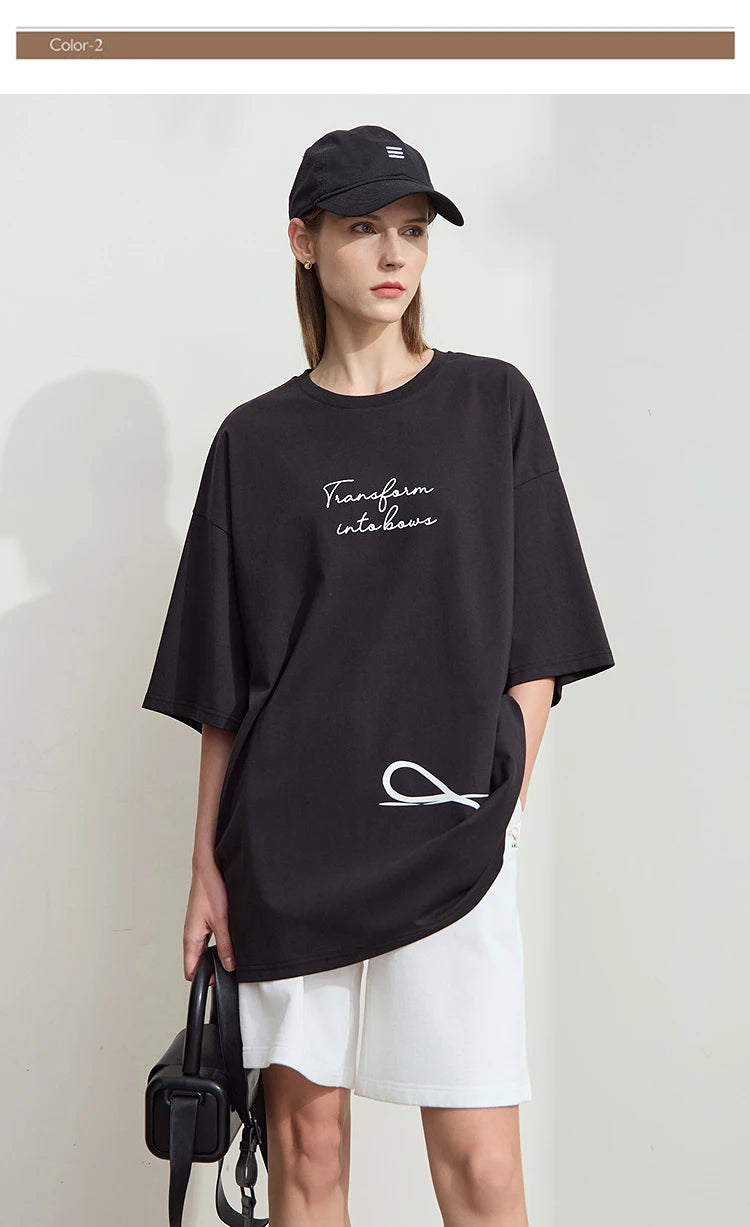 Damen T-Shirt aus ultraloch Stretch-Baumwolle mit Buchstaben-Bowknot-Aufdruck