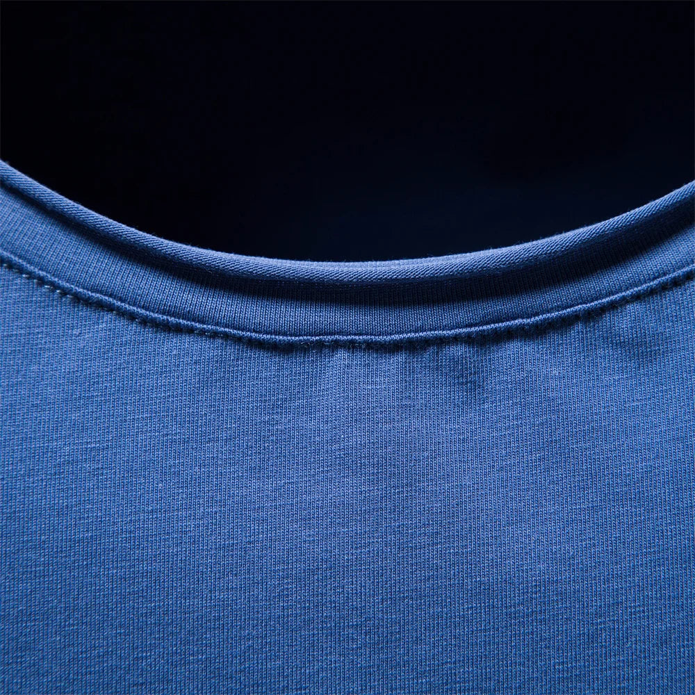 Herren-T-Shirt Kragen aus Baumwolle, dunkelblau meliert, gerippter Rundhalsausschnitt