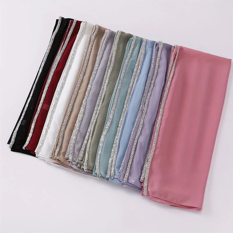 Damen Chiffon Hijab Schal Perlen Strass Glitzer Stirnband Foulard muslimisch