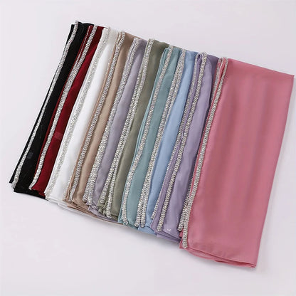 Damen Chiffon Hijab Schal Perlen Strass Glitzer Stirnband Foulard muslimisch