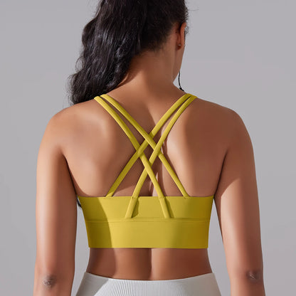 Damen-Sport-BH mit X-Rücken und breitem Unterbrustband, senfgelb