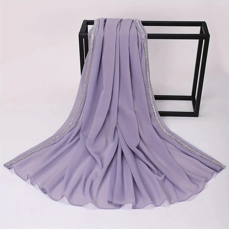 Damen Chiffon Hijab Schal Perlen Strass Glitzer Stirnband Foulard muslimisch