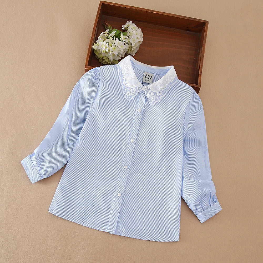 Mädchen-Langarmshirt, Kinder-Bluse mit Spitzenkragen, passend für Kinder im Alter von 5 bis 12 Jahren, 100 % Baumwolle, blau gestreifte Kleidung für Kinder