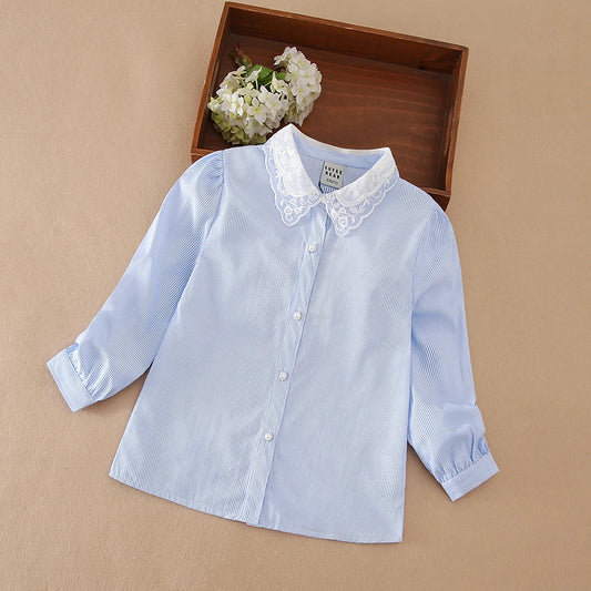 Mädchen-Langarmshirt, Kinder-Bluse mit Spitzenkragen, passend für Kinder im Alter von 5 bis 12 Jahren, 100 % Baumwolle, blau gestreifte Kleidung für Kinder