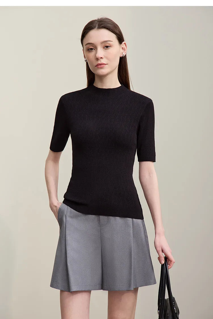 Damen-Strickpullover, schwarzer Mock Neck mit kurzem Ärmel