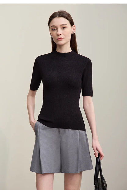 Damen-Strickpullover, schwarzer Mock Neck mit kurzem Ärmel