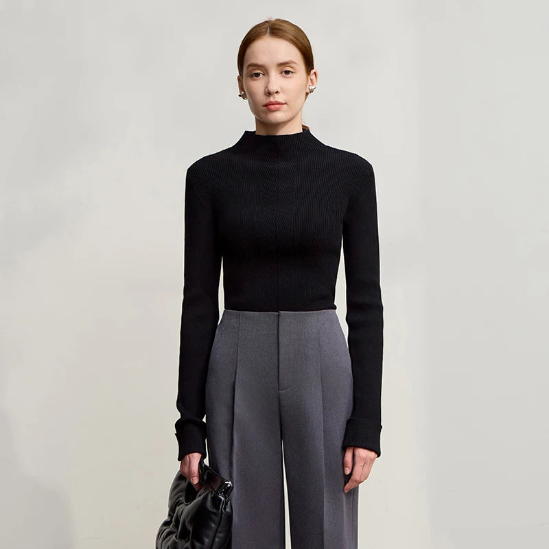 Damen-Pullover mit Stehkragen, Rippstrick, langarm, schwarz, Vorderansicht