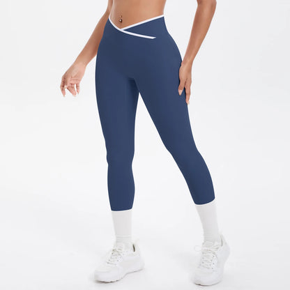Damen-Yoga-Leggings, hohe Taille, dunkelblau, 3/4 Länge mit weißen Einsätzen