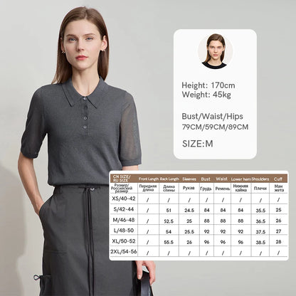 Dunkelgrauer kurzarm Strickpullover mit Umlegekragen und Knopfleiste