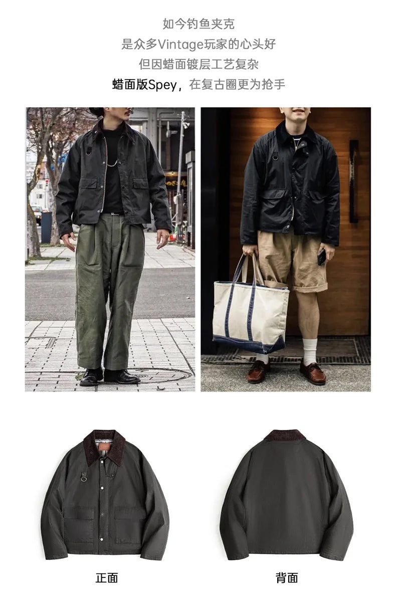 Herren Angeljacke Vintage Gewachst Cordkragen mit Taschen Mantel Herbst Classic Overcoat