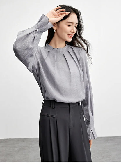 Elegante Vintage-Chiffonbluse mit Print und langen Ärmeln – lockerer Schnitt für Frühling und Herbst