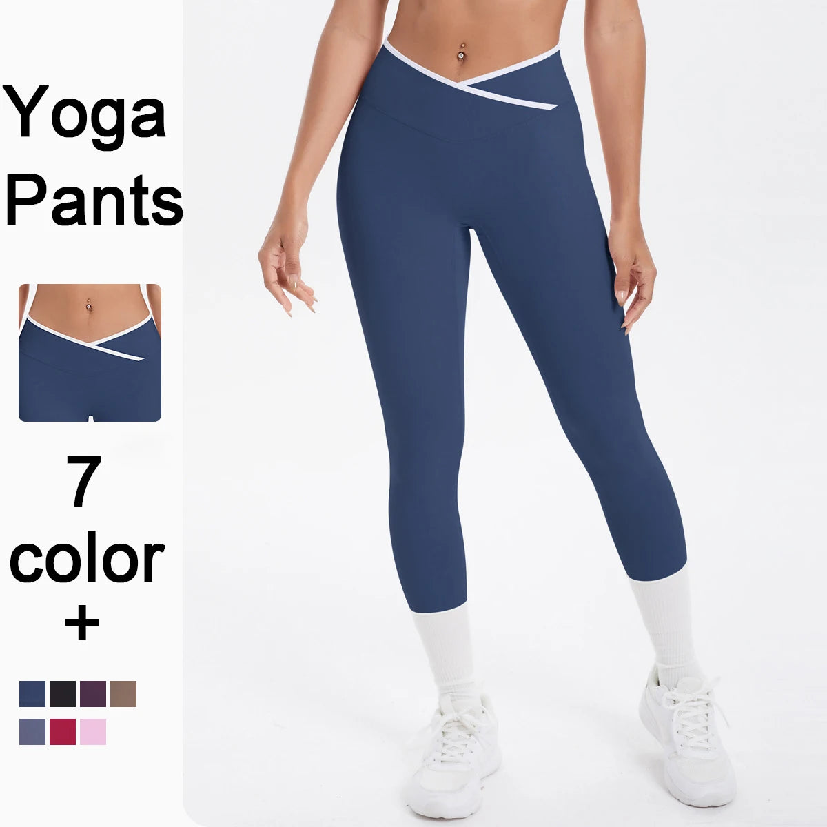 Damen-Yoga-Leggings, hohe Taille, dunkelblau, 3/4 Länge, weiß abgesetzter Bund