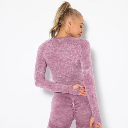 Nahtloses Yoga-Longsleeve für Damen, langarm, Rückansicht, lila mit Marmoreffekt