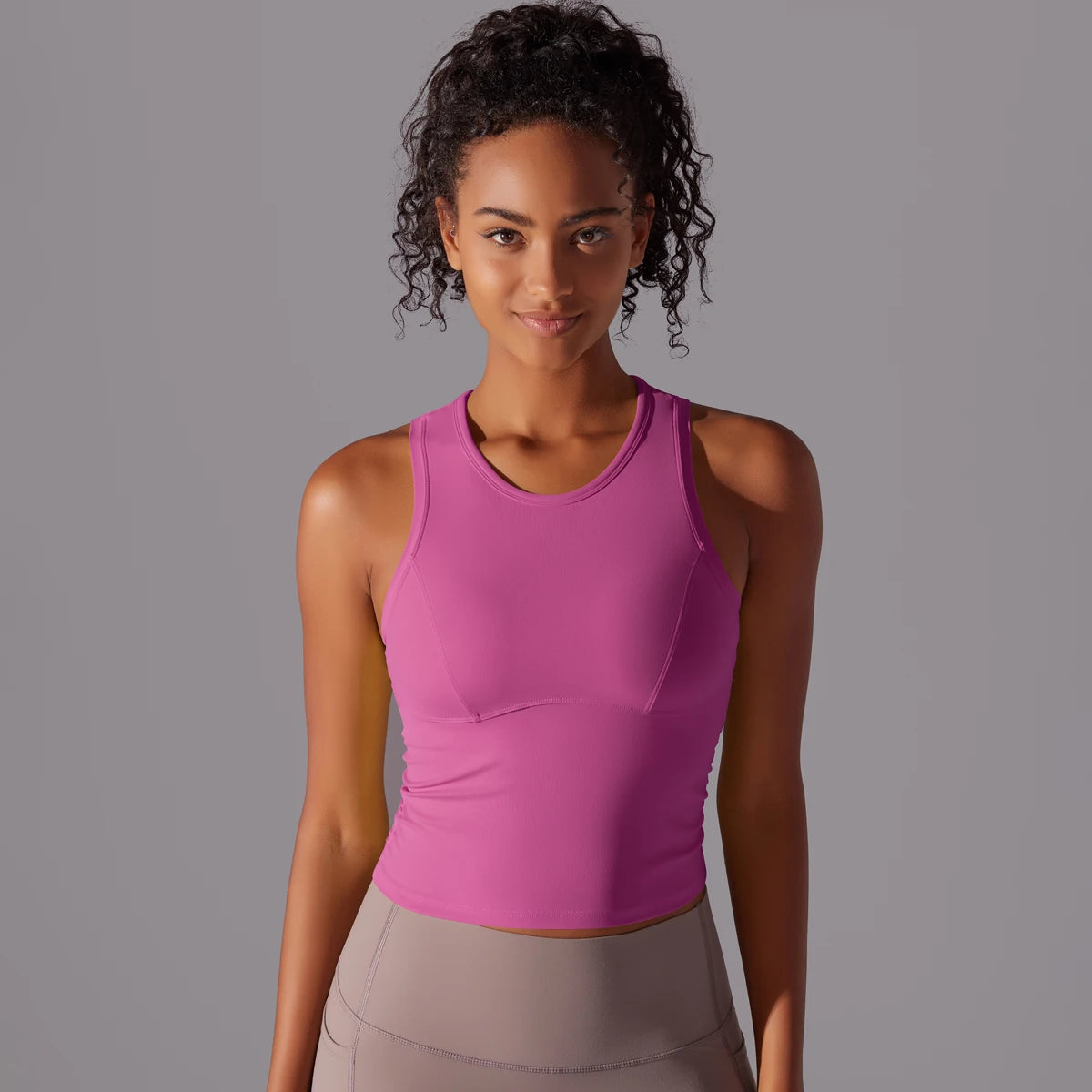 Lila Damen-Yoga-Top ärmellos, runder Ausschnitt, schmaler Schnitt
