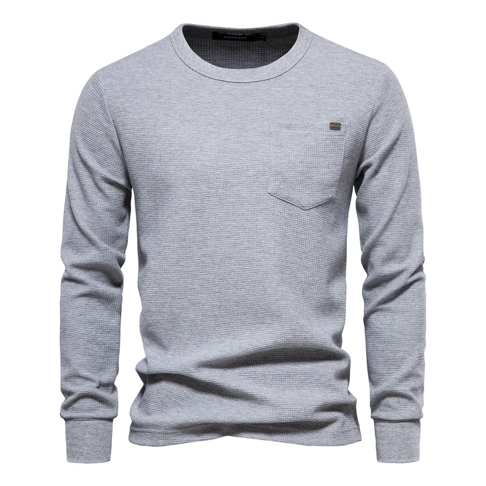 Herren-T-Shirt aus Waffel-Baumwolle mit langen Ärmeln – einfarbiges Einzeltaschen-Design, atmungsaktives Herbst-Basic-Oberteil für lässige Outfits