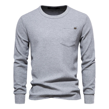 Herren-T-Shirt aus Waffel-Baumwolle mit langen Ärmeln – einfarbiges Einzeltaschen-Design, atmungsaktives Herbst-Basic-Oberteil für lässige Outfits
