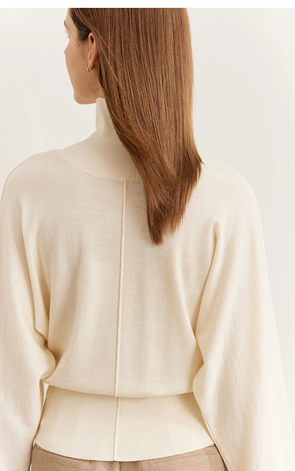 Damen-Rollkragenpullover 100 % Wolle locker Fledermausärmel Herbst