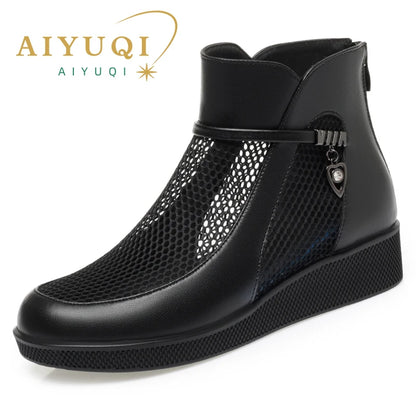 Damen Mesh Stiefel Plattform Echtes Leder