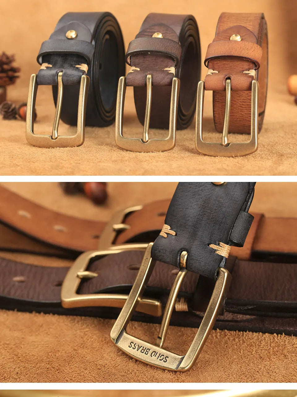 Herren Echtleder-Gürtel Vintage Kupferschnalle Handgemacht Rindsleder Jeans 3,8 cm