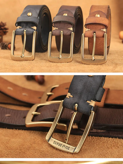 Herren Echtleder-Gürtel Vintage Kupferschnalle Handgemacht Rindsleder Jeans 3,8 cm