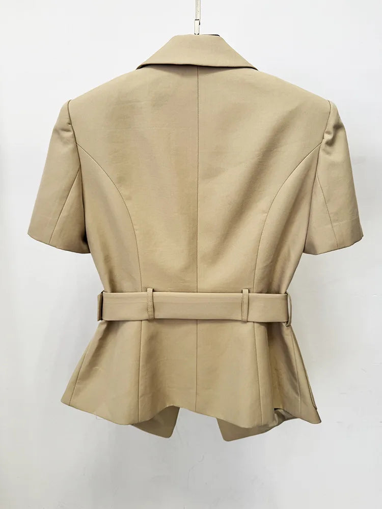 Damen-Blazer Kurzarm Gürtel lässig V-Ausschnitt Einknopf