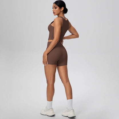 Damen Fitness-Set aus Weste und Laufshorts, braun, Rückenansicht
