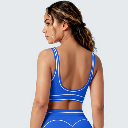 Damen-Yoga-Top mit Racerback, rundem Rückenausschnitt, blau mit hellen Kontrastkanten