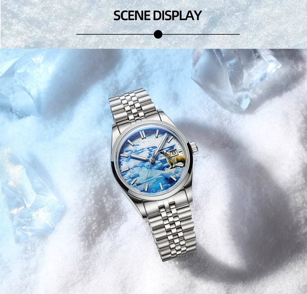 Herren-Automatikuhr mit 3D-Gletscher-Zifferblatt und Bubble-Glas