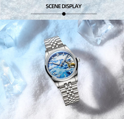 Herren-Automatikuhr mit 3D-Gletscher-Zifferblatt und Bubble-Glas