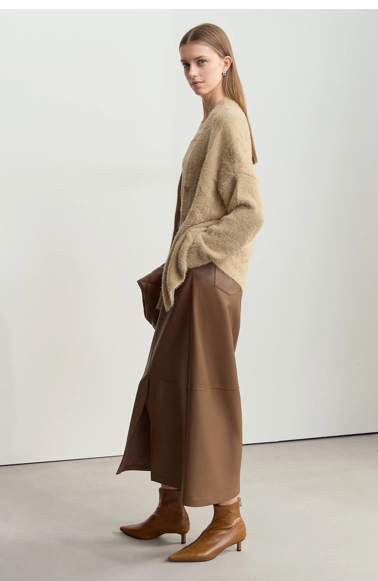 Damen-Strickjacke V-Ausschnitt Nerz-Imitat locker dick Winter
