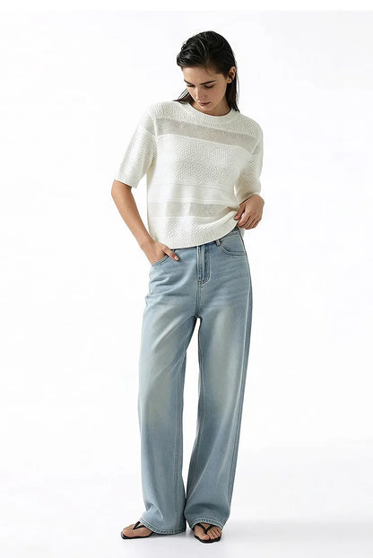 Damen-Rundhalspullover Kurzarm Crop Viskose locker Sommer