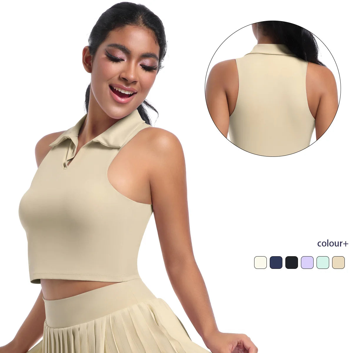 Damen Fitness-Weste in Khaki/Nude, ärmellos mit Polokragen und Rückdetail