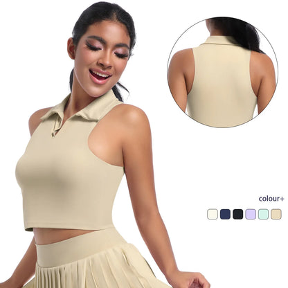 Damen Fitness-Weste in Khaki/Nude, ärmellos mit Polokragen und Rückdetail