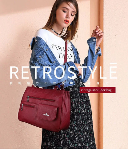 Damen-Handtasche Vintage Schultertasche mit Mehrfachfächern und große Kapazität für iPad und Smartphone