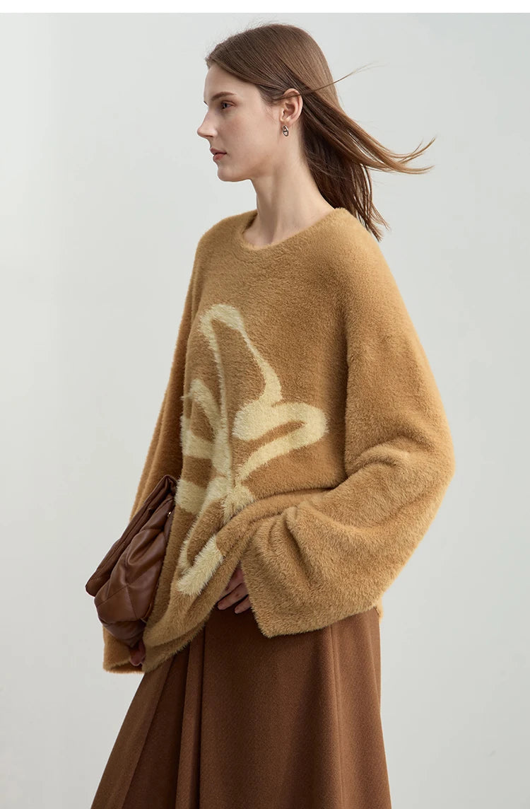 Damen-Jacquardpullover mit O-Ausschnitt, braun, Langarm, Blumenmotiv