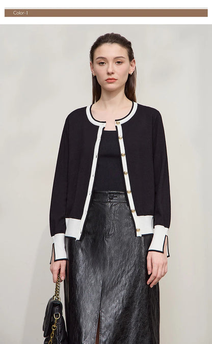 Damen-Strickjacke Rundhals Patchwork gerade elegant vielseitig Herbst