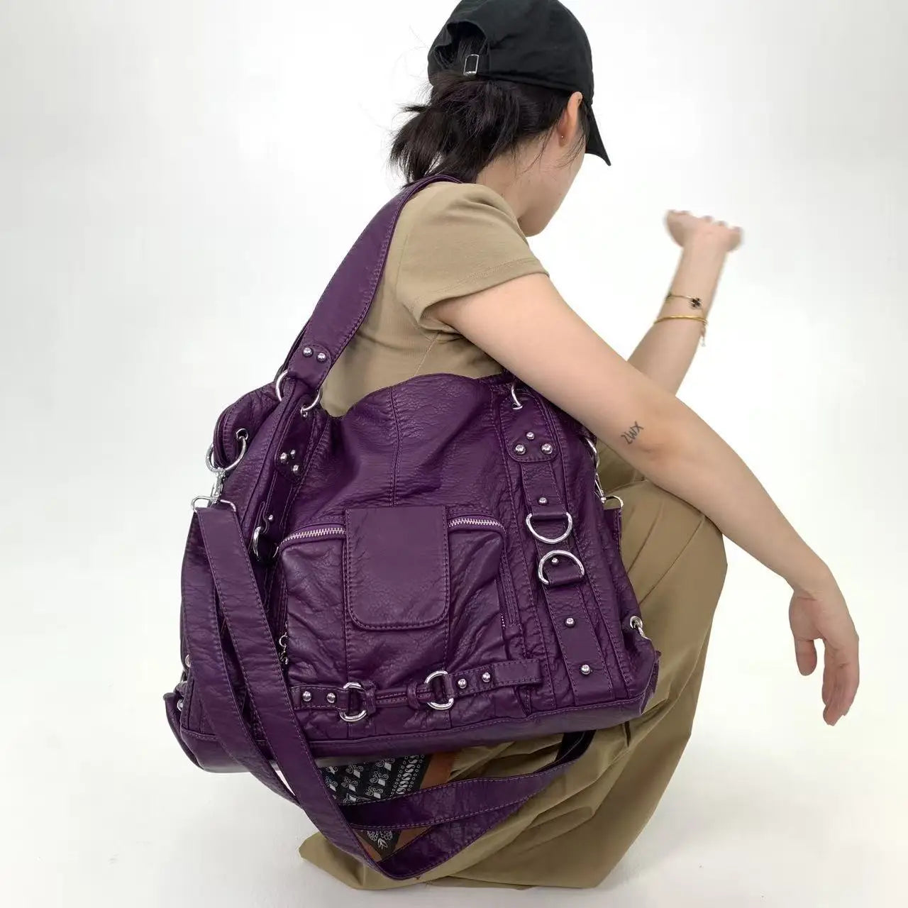 Damen-Vintage-Schultertasche Große Schwarze Mit Top-Griff Und Mehreren Fächern Für Viel Stauraum