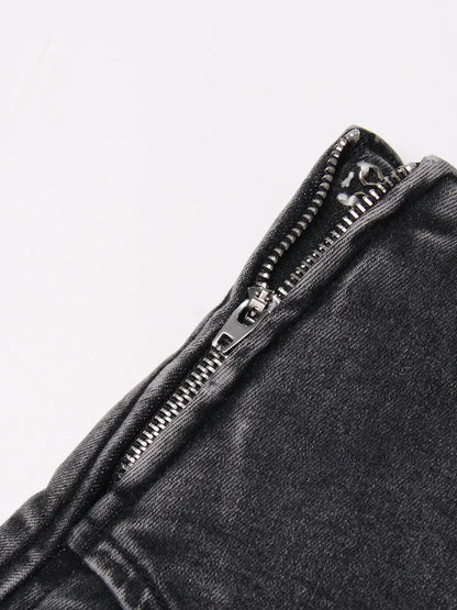 Colorblock-Leoparden-Jeans mit Hohldesign für Damen – High-Waist, gespleißte Taschen und weites Bein