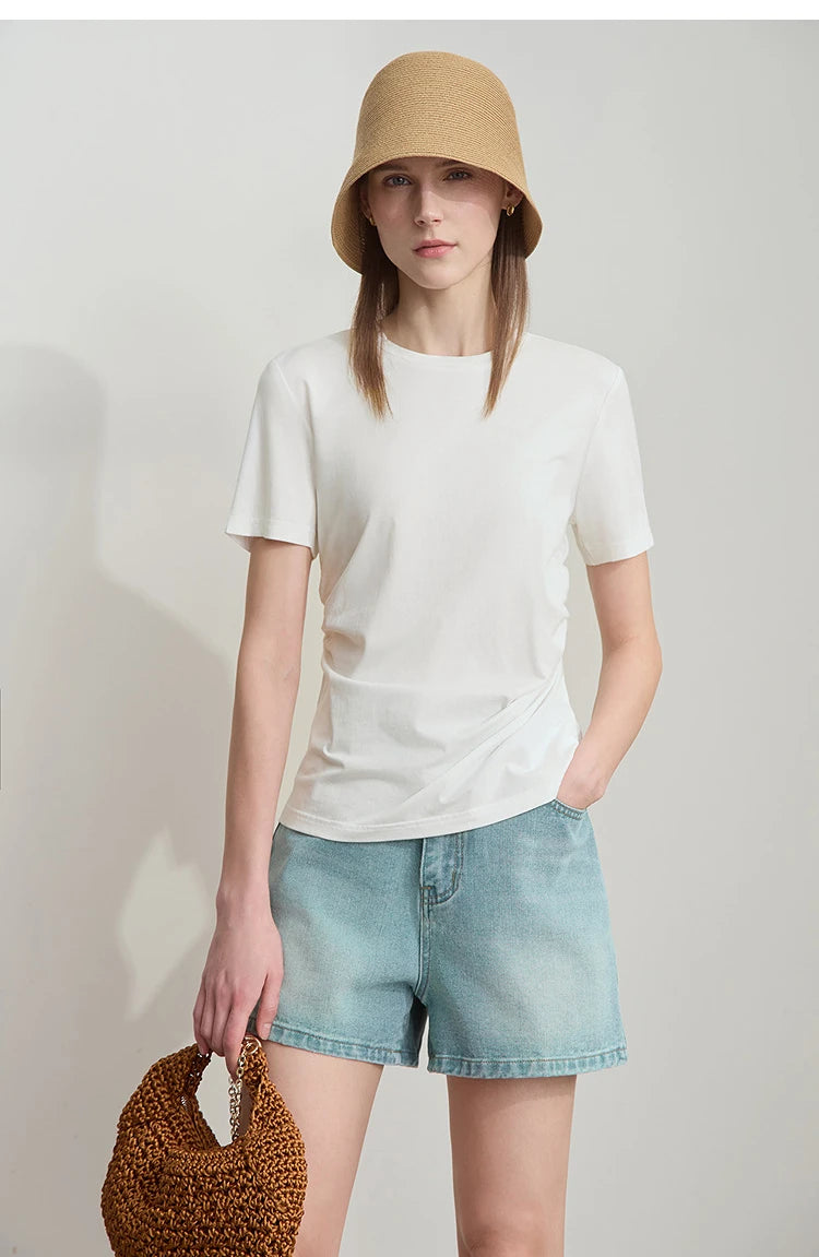 Damen T-Shirt mit Rundhalsausschnitt und gebrochenen Falten aus Modal-Baumwolle