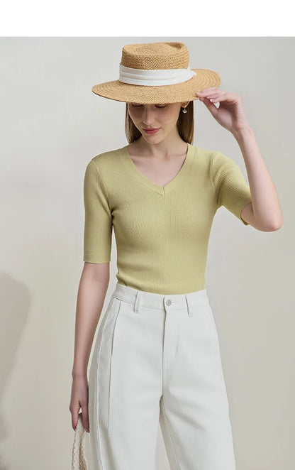 Damen V-Ausschnitt Pullover Viskose Halbarm Slim Büro Sommer