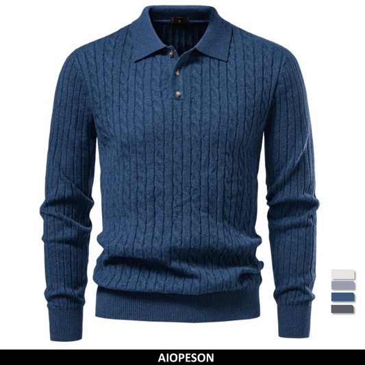 Herrenpullover mit Zopfmuster, dunkelblau, Knopfleiste am Polo-Kragen