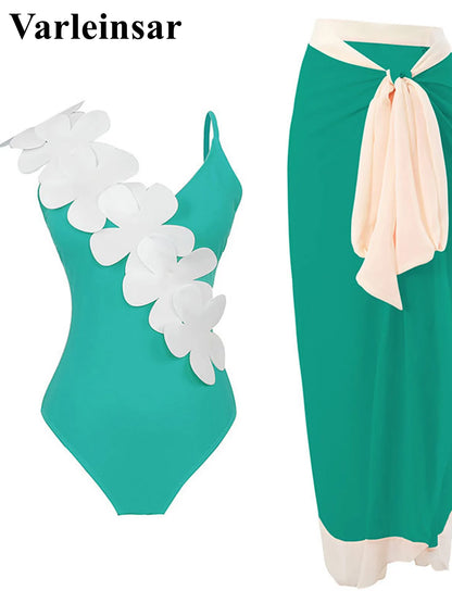Damen Badeanzug Sarong 3D-Blumen tiefer V-Ausschnitt hoher Beinausschnitt