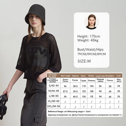 Damen-Strickpullover mit Rundhalsausschnitt, halben Ärmeln und Lochmuster, schwarz