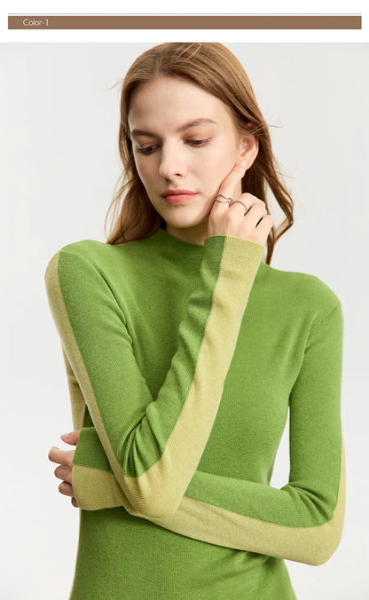 Damen-Halbrollkragen-Pullover Slim Patchwork Wolle-Mix Herbst-Winter