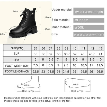 Schwarze Stiefeletten mit Größentabelle und Angaben zu Sohle und Wollfutter