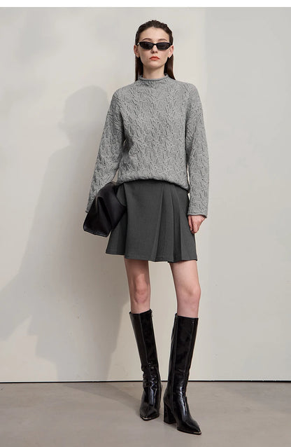 Damen-Strickpullover mit Stehkragen, langarm, grau meliert, frontale Gesamtansicht