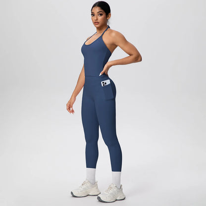 Navyfarbenes Yoga-Set: ärmelloses Top und Leggings mit Seitentasche