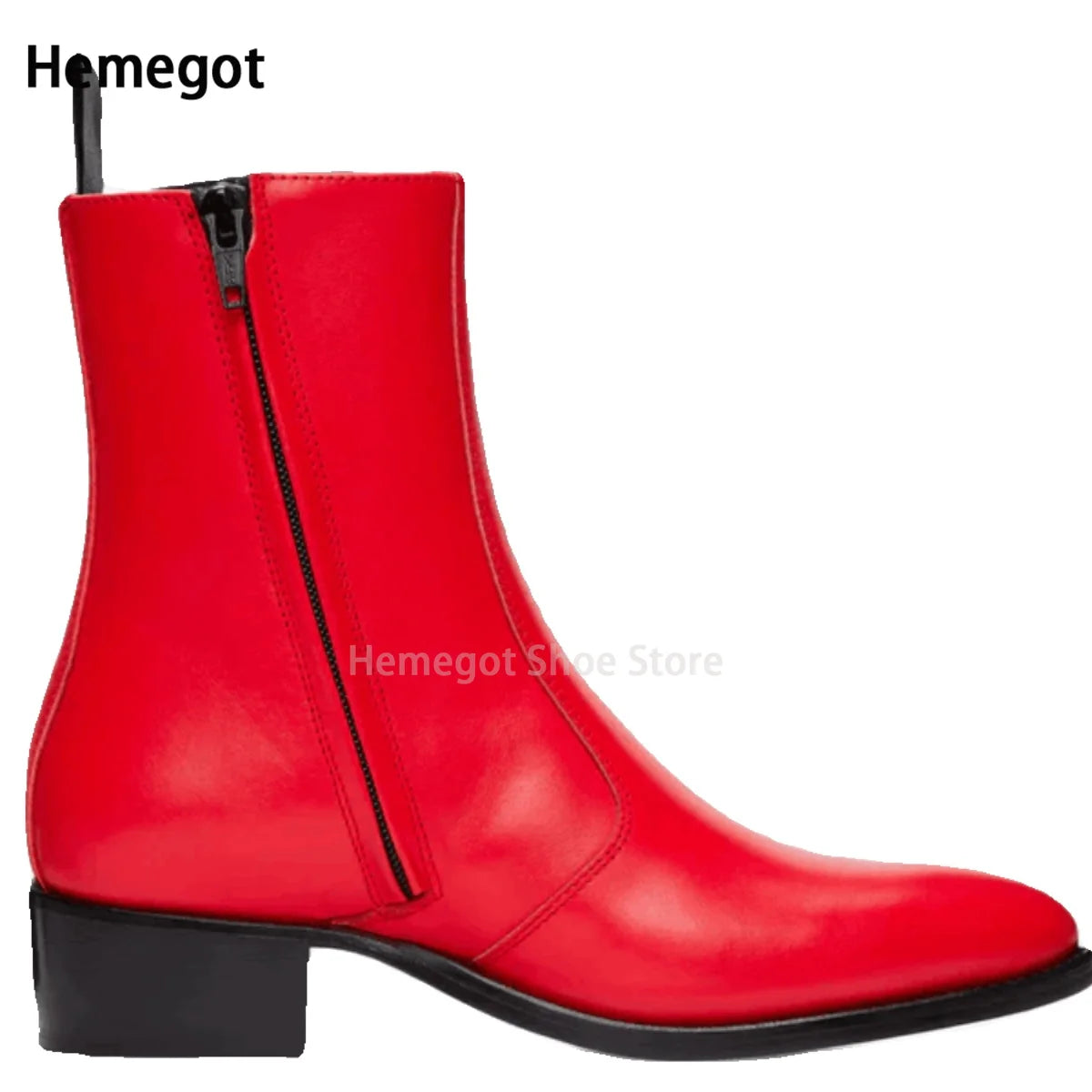 Rote Chelsea-Boots mit spitzem Zeh, seitlichem Reißverschluss und Blockabsatz